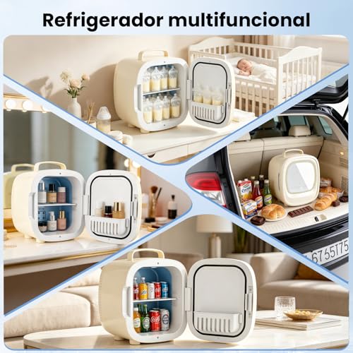 Refrigerador para Skincare 6L, Mini Nevera Portátil con Termoeléctrico Enfría/Calienta, Luces LED con Espejo, Mini Refri para Cosméticos, Bebidas, Leche Materna, Ideal para Belleza, Hogar y Coche