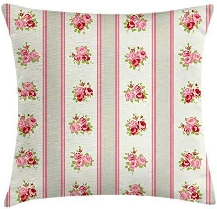 imouSde Shabby Chic Throw Pillow Cushion Cover, Country Pattern Vertical Borders Corsages English Roses Throw Pillow Covers 18 X 18 Pale Green Pink Cream