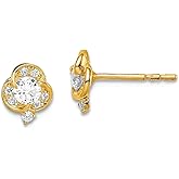 14k Solid Yellow Gold Cubic Zirconia Flower Post Earrings Stud Earring for Women