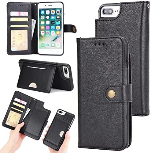 iPhone7 Plus Detachable Case,Zmiq Removable Wallet Phone Case,Double Layer Shock Absorbing Premium Soft PU Color Matching Leather Wallet Cover Flip Cases For iPhone7 Plus iPhone8 Plus(7Plus Black EHY)