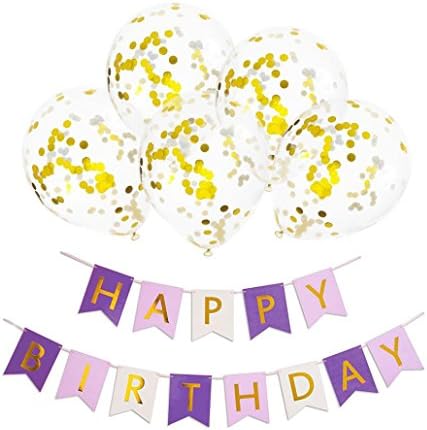 Yeefant 1 Pcs Happy Birthday Bunting Flag Hang Pennants Banner Happy Birthday Party Favor and 5 Pcs Confetti Paper Ballons,Happy Birthday Size 0.53 x 0.66 Ft,Mixed Purple