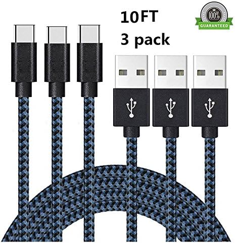USB Type C Cable, AWOGER 3Pack 10FT Extra Long Nylon Braided Fast Charging Sync Line for Samsung Galaxy Note 8 S8 S8 Plus, LG G5 G6 V30, HTC 10, Nexus 5X/6P, Google Pixel XL and More (Black/Blue)