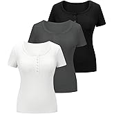 SOLY HUX Women's Plus Size Short Sleeve Scoop Neck T Shirts Button Slim Fit Tees Henley Tops 3 Packs