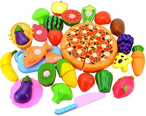 Cutting Vegetable Toys, Alonea [24 Pack] Fruit and Vegetables Play Kitchen Food for Pretend Cutting Food Toys - Educational Playset with Toy Knife, Cutting Board