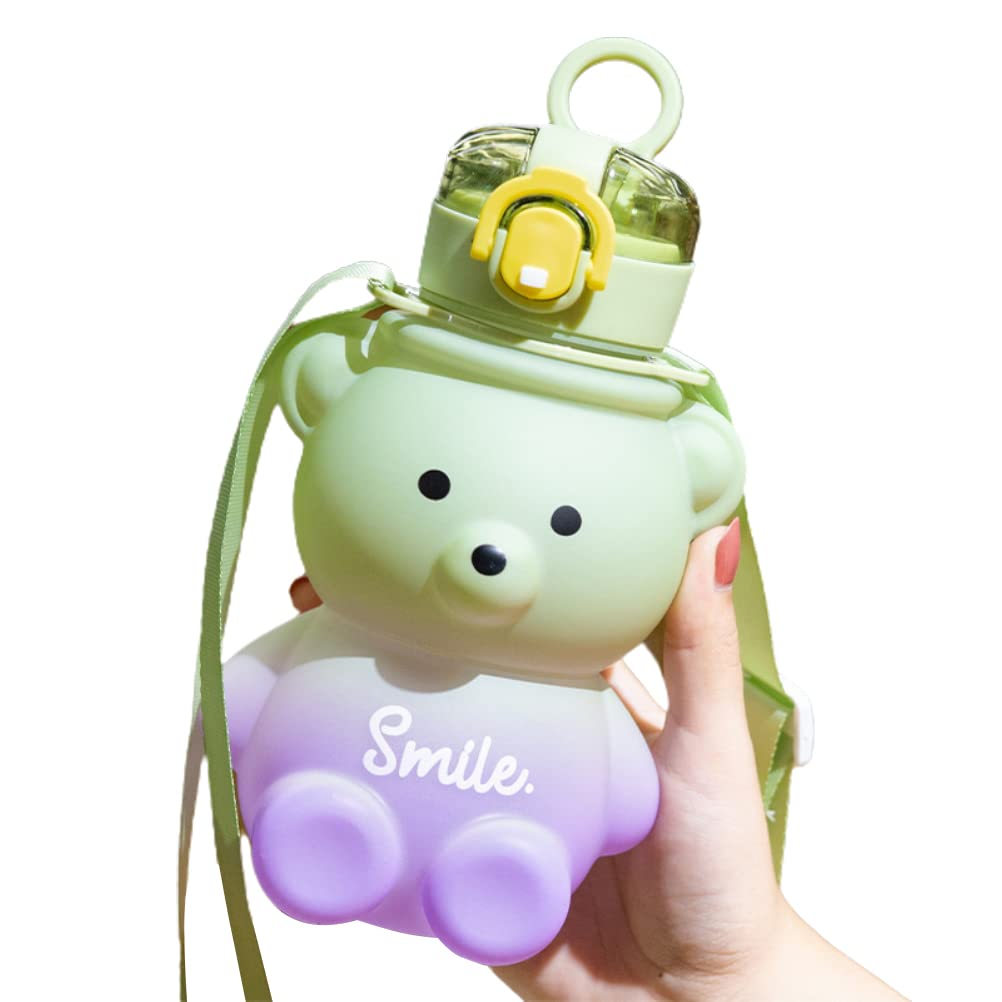 Tianbi 800ml Cute Bear Straw Bottle,Gradient Bear Shaped Water Bottle with Straw and Strap, Milk Bubble Tea Cup, Portable Water Jug for Kids School Office Travel