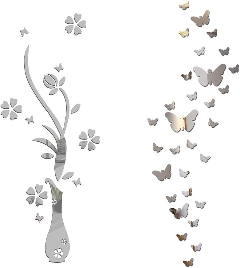MEJOSER Set of Mirror Acrylic Wall Stickers Flower Vase Butterfly Flower Pot (Silver)