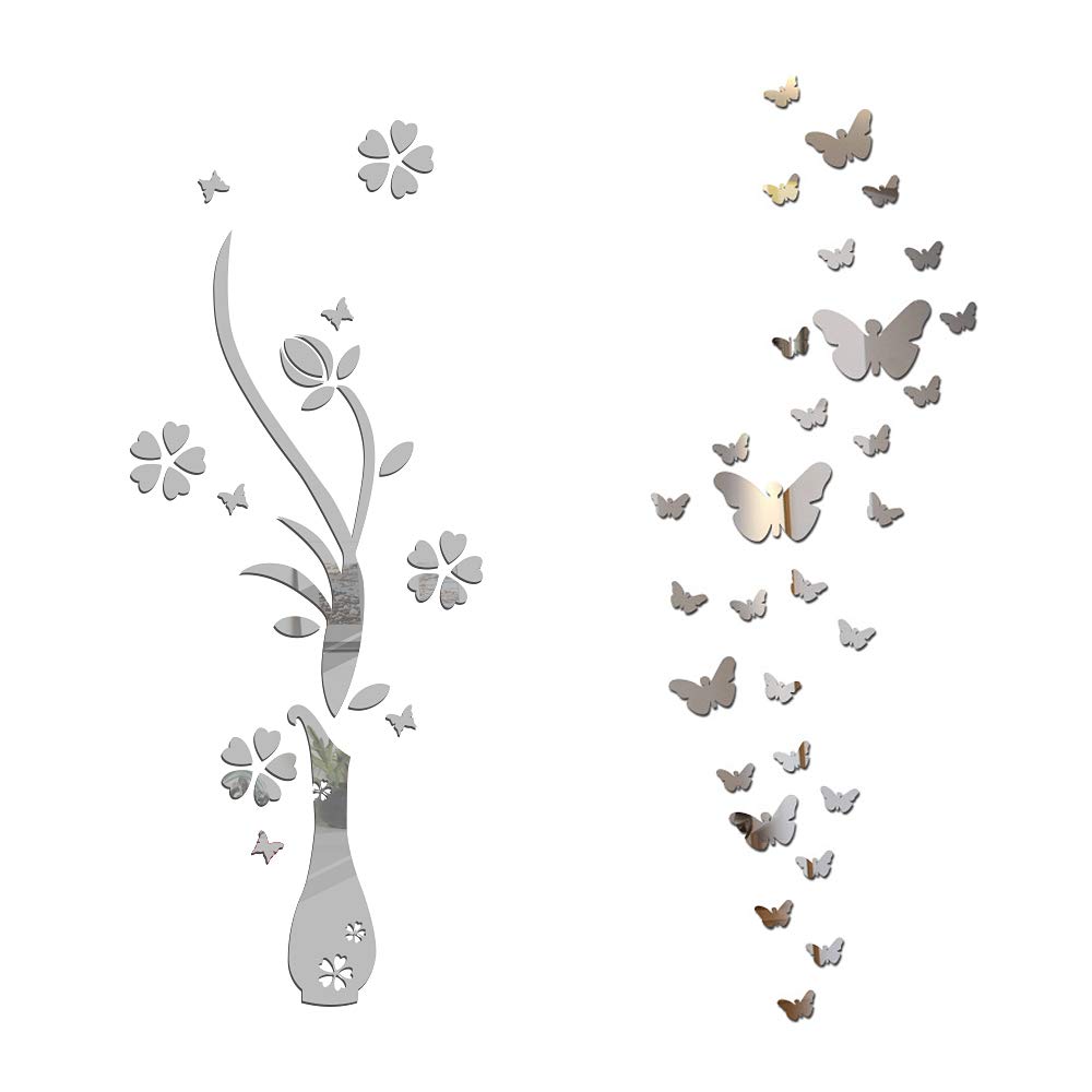 MEJOSER Set of Mirror Acrylic Wall Stickers Flower Vase Butterfly Flower Pot (Silver)