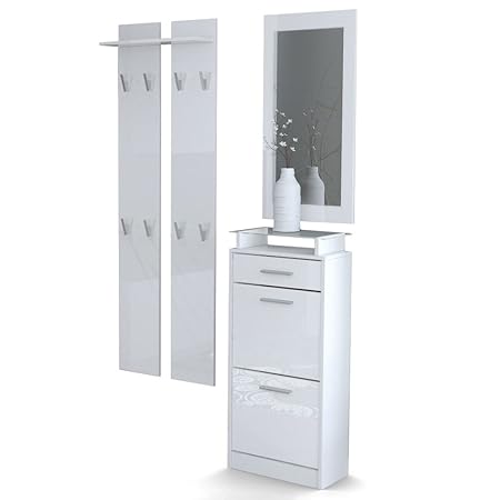 Garderobenset Garderobe Loret V2 Mini, Korpus in Weiß matt/Front in Weiß Hochglanz