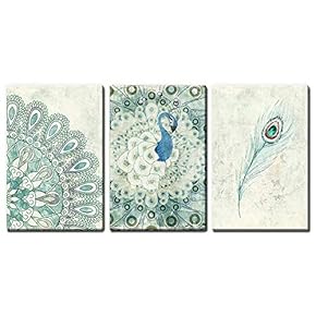 3 Panel Canvas Wall Art - Vintage Style Peacock Pattern - Giclee Print Gallery Wrap Modern Home Art Ready to Hang - 16"x24" x 3 Panels