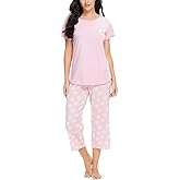 Tugege Womens Pajama Sets Short Sleeve Sleepwear Tops with Capri Pants Fun Printed 2 Piece Lounge Pjs Set