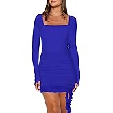 Nsbonu Women's Sexy Bodycon Ruched Long Sleeve Mini Dress Square Neck Ruffle Hem Cocktail Party Short Dresses