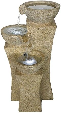 The Veneto 26" - Three Bowl Cascading Waterfall Rock Fountain w/3 LED - Light Granite. Elegant Water Feature Perfect for Your Outdoor Living Space. HF-B08-26L-LG