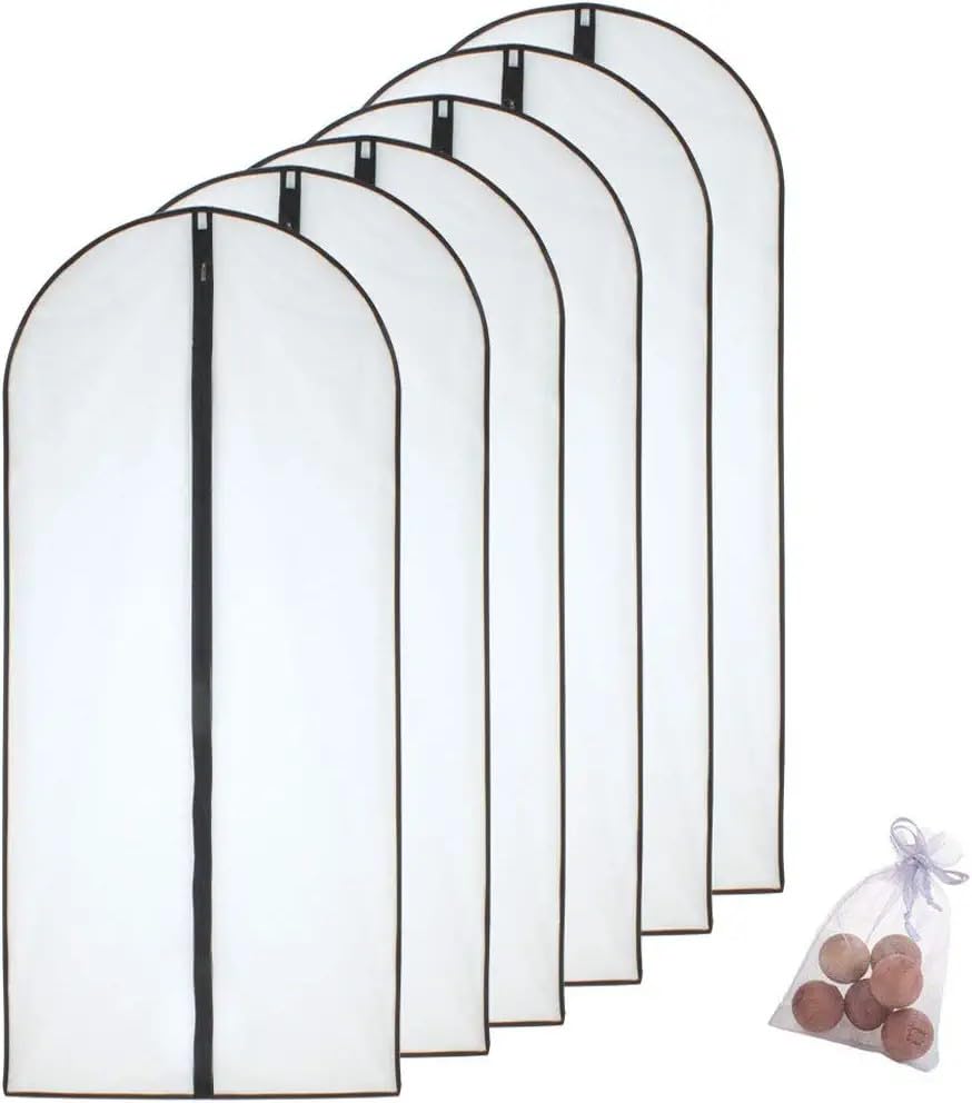 HomeClean Moth Proof Garment Bags 60 x 153cm(24'' x 60'') Black Side Breathable Clear Full Zipper Bags with Cedar Balls for The Much Longer Wedding Evening Dress Clothes(Pack of 6)