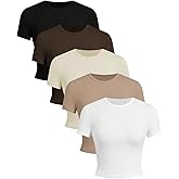 OYOANGLE Women's 5 Pack Short Sleeve Cropped T Shirt Crew Neck Slim Tee Going Out Tops