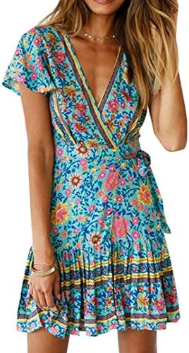 Yoyoma Womens Boho Short Sleeve Floral A Line Short Mini Dress