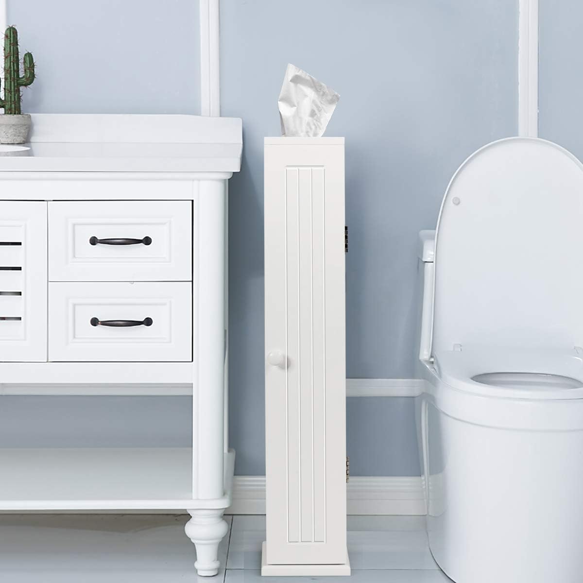 Tangkula Toilet Tissue Storage Tower, Free Standing Toilet Paper Holder with 4 Shelves, Bathroom Paper Storage Organizer with Door & Top Slot, Narrow Bath Floor Cabinet for Paper Holder (White): Home & Kitchen