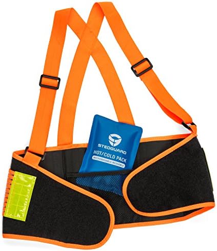 Stedguard High Visibility Back Support Brace - Heavy Duty Ergonomic Stabilizer for Men and Women - Adjustable Velcro Belt - Elastic Compression Straps + Reusable Hot-Cold Pack for Lumbar Pain Relief