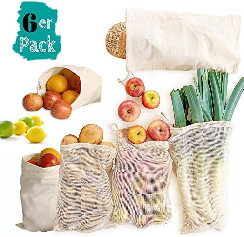6 Pack Mesh Bags Cotton Reusable Produce Bags, Eco Friendly Double Sewing Grocery Storage Bags with Tags Drawstring Lock, for Veggies, Fruits, Bulk Food Shopping Biodegradable Washable Natural