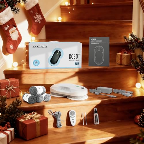 Tosima W5 Window Cleaning Robot, Dual Direction Auto-Spray Smart Window Cleaner with Triple Safety System, Smart Navigation, Remote Control, for All Smooth Surfaces, with 8 Rags, White Robotic Vacuums
