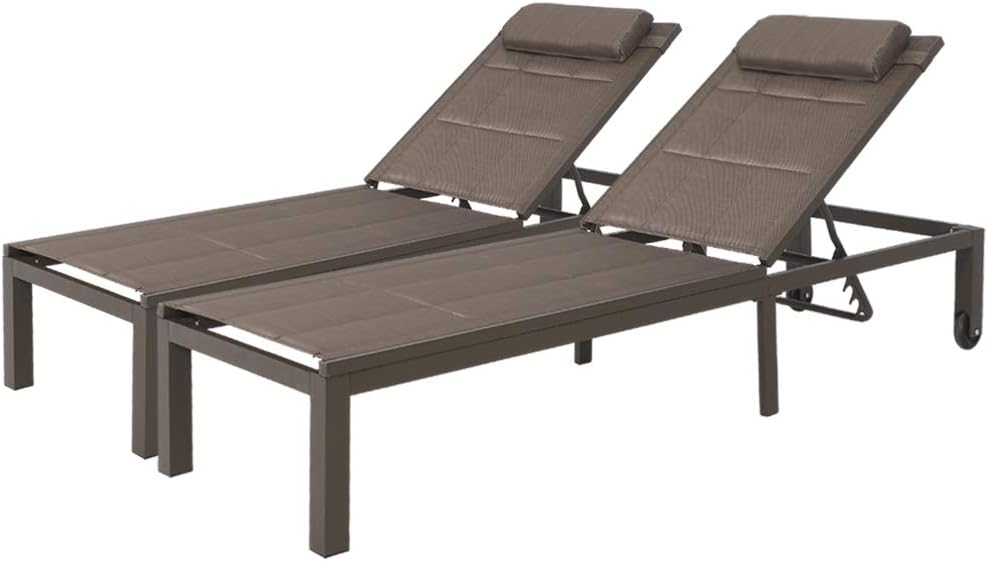 Crestlive Products Adjustable Quilted Chaise Lounge Chair Five-Position Outdoor Recliner with Headrest and Wheels All Weather for Patio, Beach, Yard, Pool (2 PCS Brown)