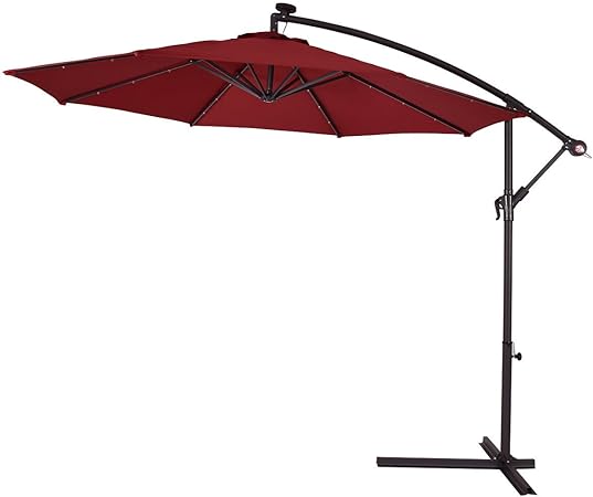 Amazon Com Lotus Analin 10 Hanging Solar Led Umbrella Patio Sun Shade Offset Market W Base Burgundy Garden Outdoor
