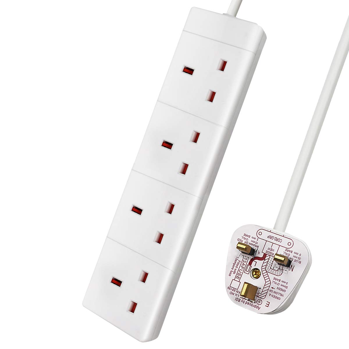 ExtraStar 4 Way Extension Lead, 13A Fused UK Plug Extension Socket, 1M Extension Cable Power Strip - White