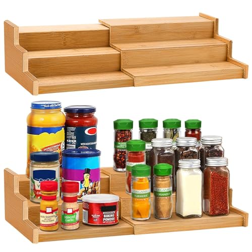 Keqin 3 Tier Expandable Bamboo Spice Rack Organizer for Cabinet, Kitchen, Cupboard, Pantry Storage Shelf
