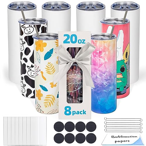 UIRZOTN 8 Pack 20oz Sublimation Tumbler Blanks Skinny Straight in Bulk, Stainless Steel Insulated Sublimation Tumbler with Polymer Coating for Heat Transfer, With Lid, Straw, ribbon, Gift box