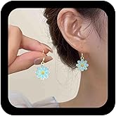 Iaceble Boho Daisy Flower Earrings Enamel Flower Dangle Earrings Blue Daisy Drop Earrings Cute Flower Hook Earrings Jewelry for Women