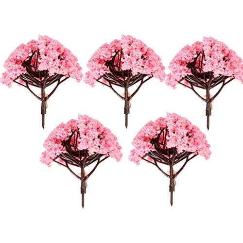 KINGSO 5Pcs Light Pink Flower Tree Miniature Fairy Garden Dollhouse Layout Model Decor Ornament 8cm