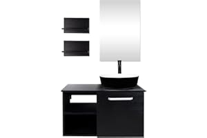 Puluomis 28 Inch Bathroom Vanity, Modern Lavatory Wall Mounted Wood Cabinet, with Mirror, Wood Black Fixture, White and Black Ceramic Porcelain Sink Top with Single Faucet Hole