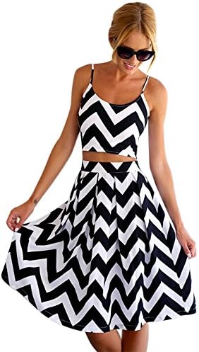 DZT Sexy Spaghetti Straps Two Piece Crop Top Midi Skirt Wave Pattern Swing Dress (Asia S/ US 4)