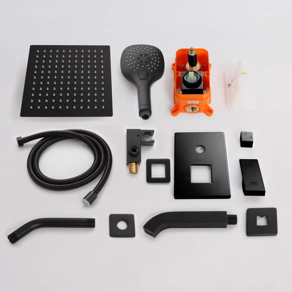POP Bathtub Shower Faucet Set Matte Black Shower System with Tub Spout 8 Inch Wall Mounted Bathroom Rainfall Shower Head Set with Handheld Shower Combo Set (Contain Rough-in Valve Body and Trim) - - 