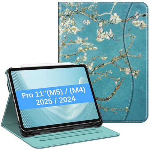 Fintie Hülle für iPad Pro 11 Zoll (M5/M4) 2025/2024 mit Stifthalter, Multi-Winkel Betrachtung Folio Stand Schutzhülle Case mit Dokumentschlitze, Mandelblüten