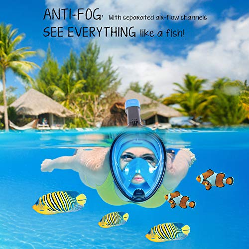 TOMOUNT Full Face Snorkel Mask - Dual-Snorkel for Easier Breathing, Shatterproof PC design, 180 degree viewing window, Anti-Fog & Anti-Leak, Skin Diving Snorkel Mask Full Face for Adult and Youth, L