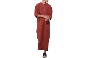 YOUYING Kaftan Thobe Mens Short Sleeve V-Neck Linen Robe Big and Tall Muslim Robe Casual Loose Lightweight Long Sleeping Gown
