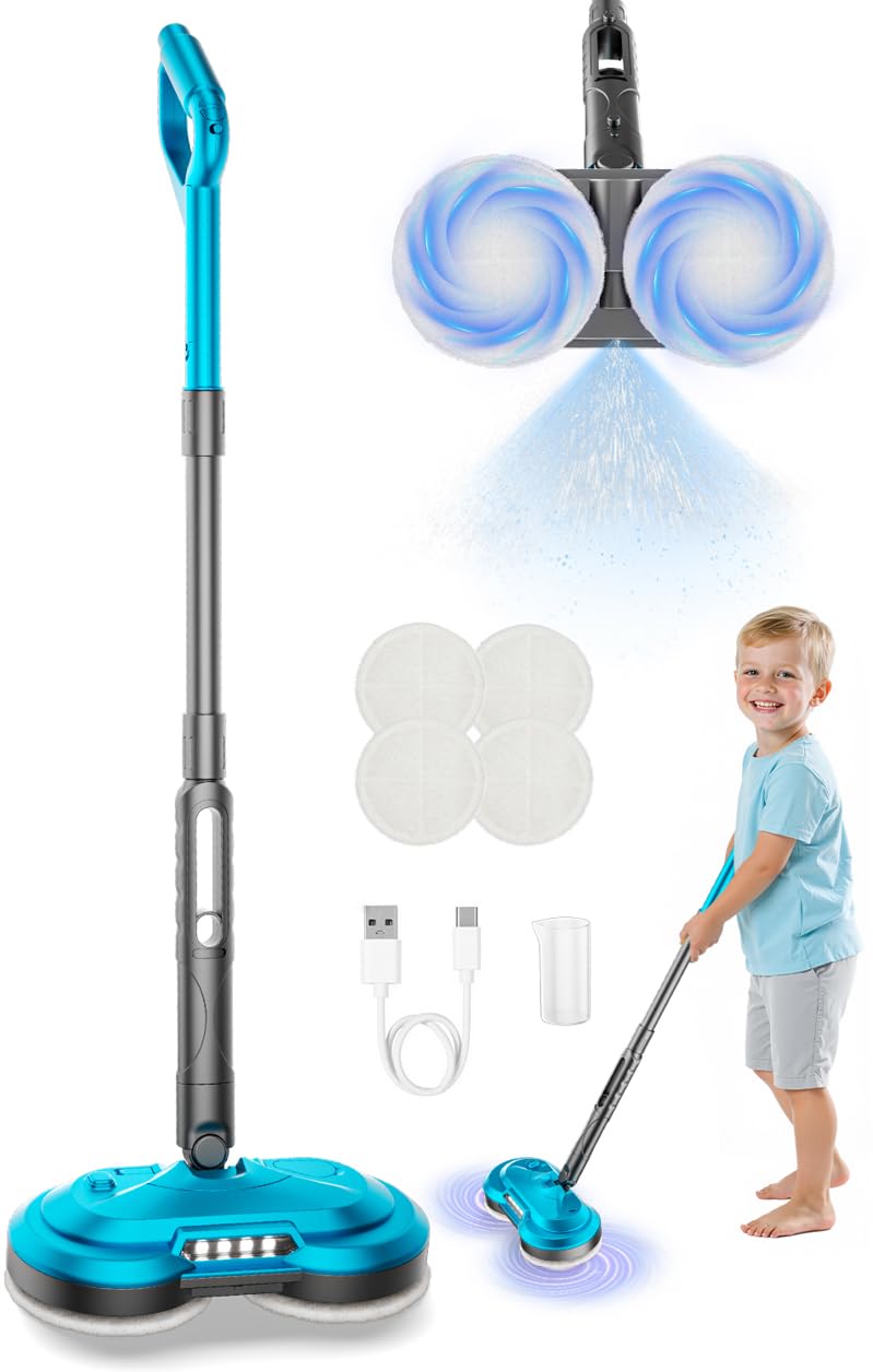 BLAXTEM Kids Electric Mop Toy, Rechargeable Cordless Electric Spin Mop W/Water Sprayer & LED Headlight for Children Ages 3 4 5 6+ Boys & Girls, Cleaning Toy for Pretend Play (Metallic Blue)