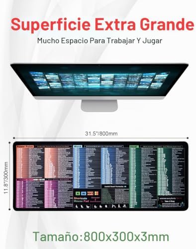 Tapete de secretária de grande formato com atalhos no Excel, tapete impermeável para jogos de escritório, bordas antiderrapantes e costuradas para Word/Outlook/PowerPoint/Windows