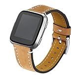 bayite Bands Compatible Fitbit Versa, Classic Genuine Leather Accessories Wristband Replacement Fitness Strap for Versa Light Brown Women Men