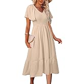 MEROKEETY Women's Summer Casual V Neck Ruffle Sleeve Smocked High Waist Midi Dress with Pockets