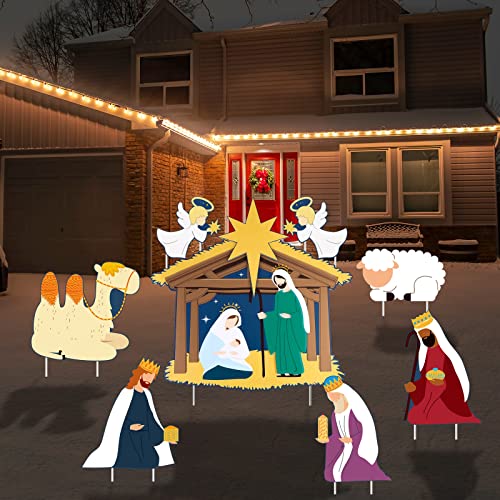 Fovths 9 Pieces Nativity Outdoor Christmas Decorations Religious Manger Scene Yard Sign with