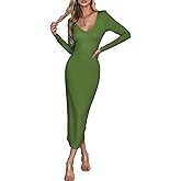 BestWendding Women's Long Sleeve Bodycon Maxi Dress Sexy V Neck Tie Back Casual Dress Spring Knitted Cocktail Party Dresses
