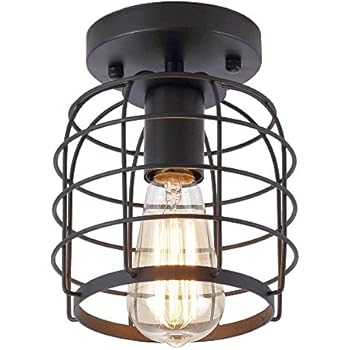 Create for Life Industrial Vintage Flush Mount Ceiling Light,Rustic Metal Cage Pendant Lighting Lamp Fixture for Hallway Stairway Kitchen Garage, E26, Black Painting Finish