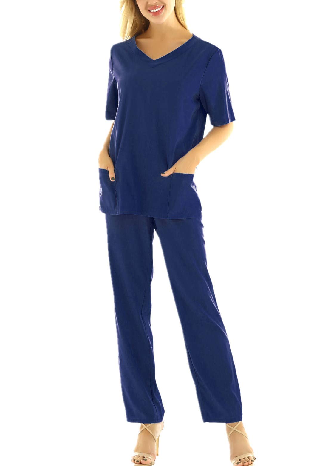 Womens Men's Unisex Medical Scrub Set Uniform V Neck Top with Cargo Pants Outfits Navy_Blue Large