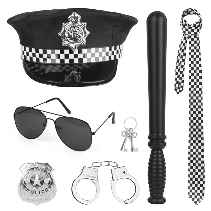 CLIUNTAdult Police Costume Women, 6pcs Halloween Police Costume Men Accessories set, Polices Fancy Dress With Hat and Handcuffs Badge and Glasses