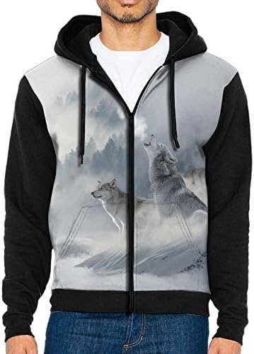 Unique Men's Hoodies 3D Custom Full Zip Wolf Facing Sky Zipper Sweatshirt Tops With Kanga Pocket XX-Large Black