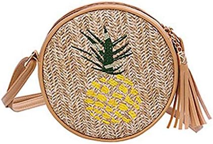 Round Rattan Bags Appliques Handmade Wicker Woven Purse Straw Tassel Handbags Circle Boho Shoulder Messenger Summer Beach PU Leather Strap Retro Crossbody for Women