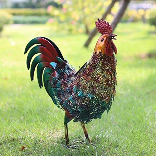 Kircust Garden Solar Metal Rooster Statue Lights Yard Art Decor, Outdoor Standing Chicken Sculpture LED Light Patio Lawn Walkway Backyard and Home Decoration, Multicolor, 16.74-Inch