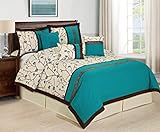 7 Piece RANNIE branches printing Comforter Set- Queen King Cal.King Size (King, Teal / ivory)