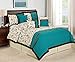 7 Piece RANNIE branches printing Comforter Set- Queen King Cal.King Size (King, Teal / ivory)